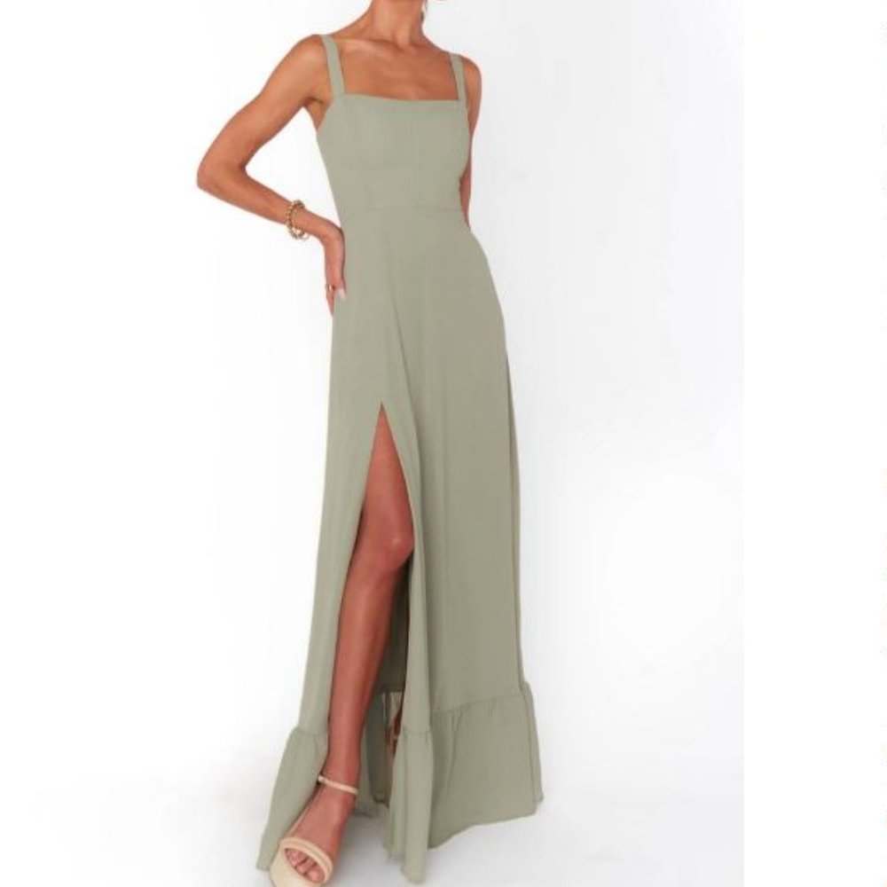 Show Me Your MuMu Sage Green Maxi Dress with Square Neck & High Slit
